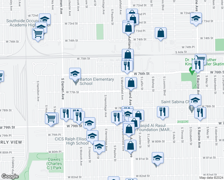 map of restaurants, bars, coffee shops, grocery stores, and more near 1704 West 77th Street in Chicago