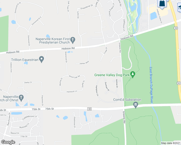 map of restaurants, bars, coffee shops, grocery stores, and more near 8S161 Derby Drive in Naperville