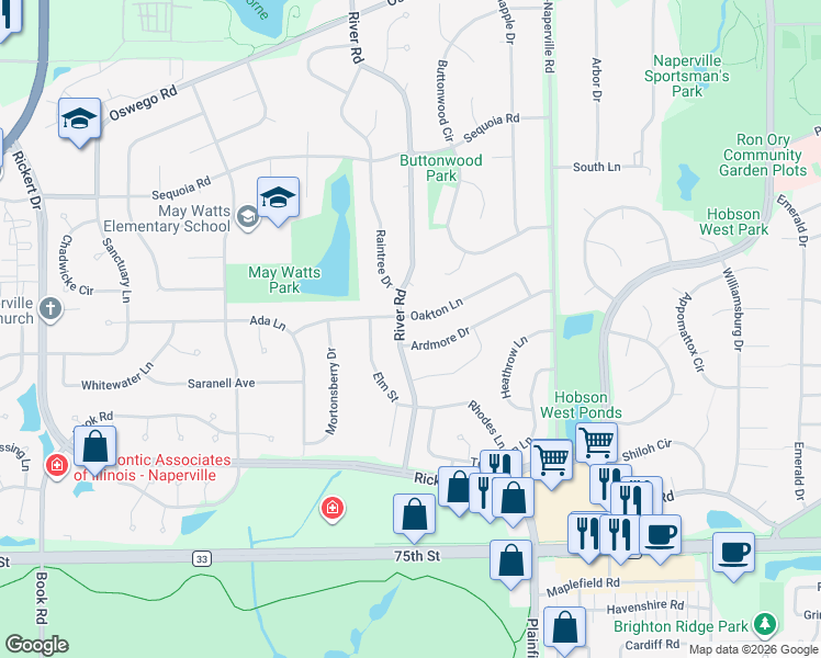 map of restaurants, bars, coffee shops, grocery stores, and more near 1249 Ardmore Drive in Naperville