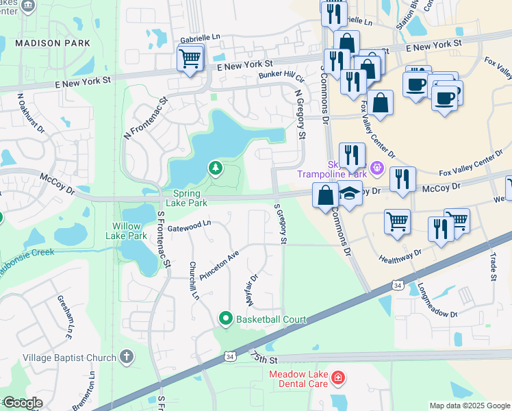 map of restaurants, bars, coffee shops, grocery stores, and more near 22 Mayfair Lane in Aurora
