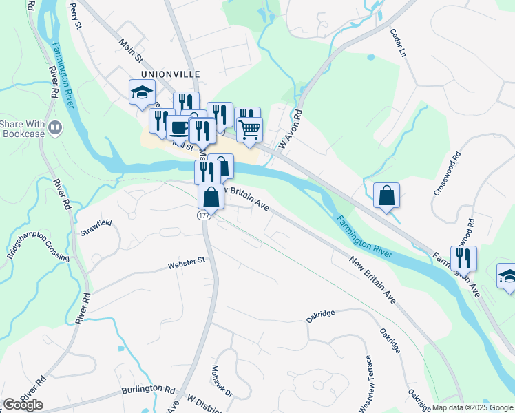 map of restaurants, bars, coffee shops, grocery stores, and more near 80 New Britain Avenue in Farmington