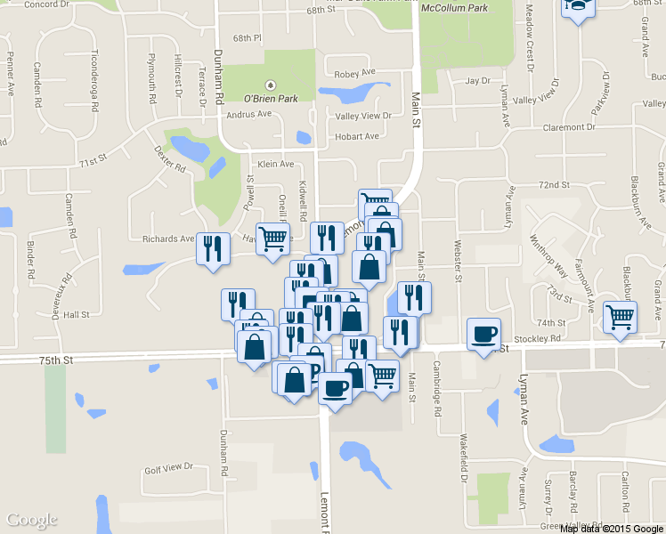 map of restaurants, bars, coffee shops, grocery stores, and more near 7301 Lemont Rd in Downers Grove