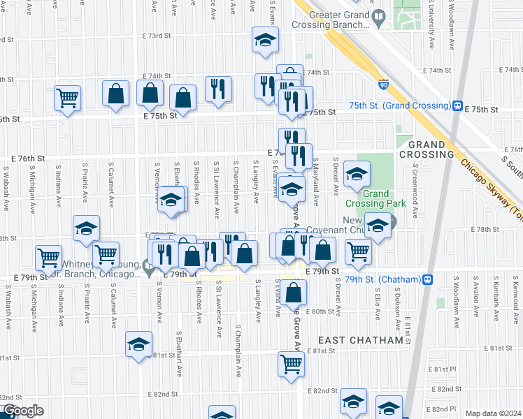 map of restaurants, bars, coffee shops, grocery stores, and more near 7725 South Langley Avenue in Chicago