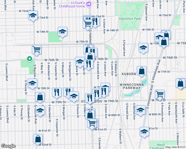 map of restaurants, bars, coffee shops, grocery stores, and more near 7704 South Emerald Avenue in Chicago