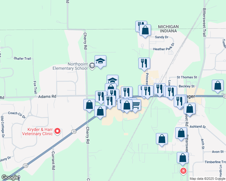 map of restaurants, bars, coffee shops, grocery stores, and more near 13111 Adams Road in Granger