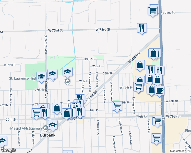map of restaurants, bars, coffee shops, grocery stores, and more near 7612 Latrobe Avenue in Burbank