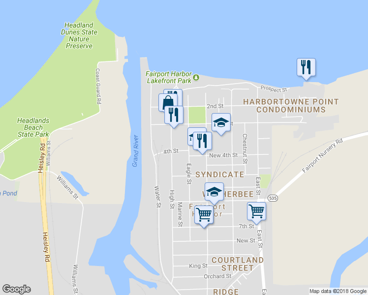 map of restaurants, bars, coffee shops, grocery stores, and more near 221 4th Street in Fairport Harbor