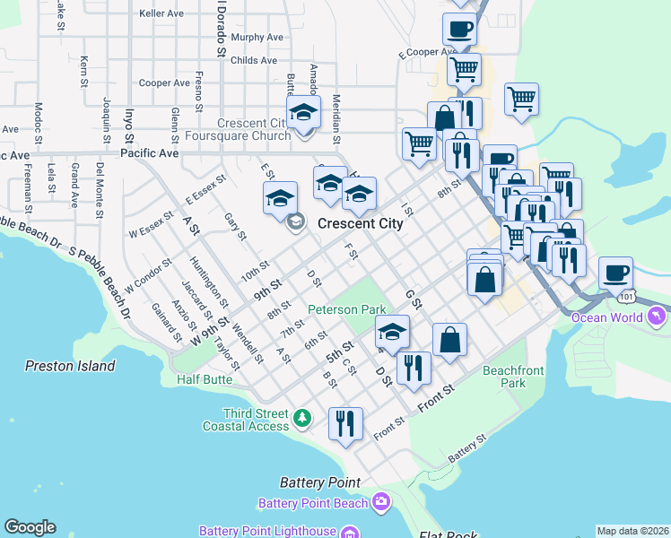 map of restaurants, bars, coffee shops, grocery stores, and more near 498 8th Street in Crescent City