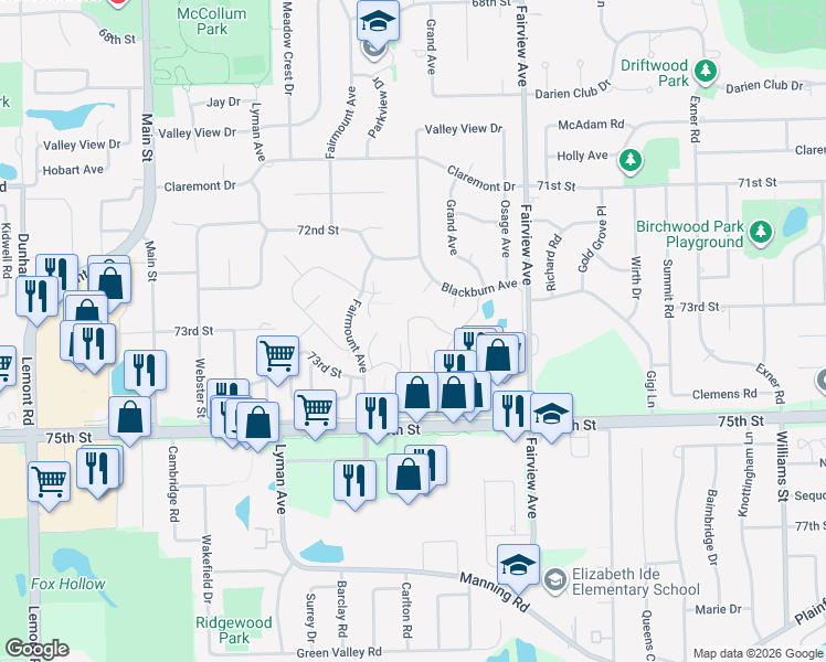 map of restaurants, bars, coffee shops, grocery stores, and more near 7323 Blackburn Avenue in Downers Grove