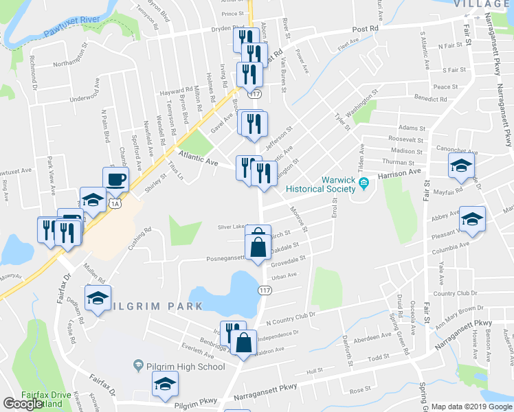 map of restaurants, bars, coffee shops, grocery stores, and more near 799 Warwick Avenue in Warwick