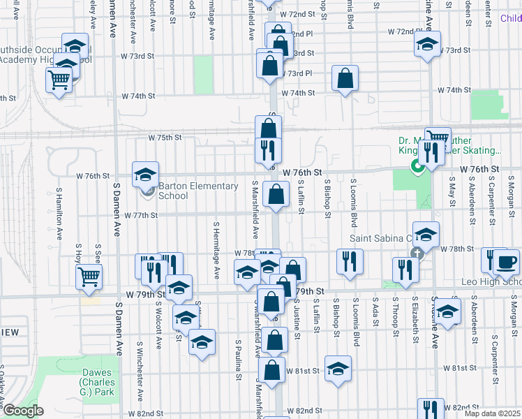 map of restaurants, bars, coffee shops, grocery stores, and more near 7657 South Marshfield Avenue in Chicago