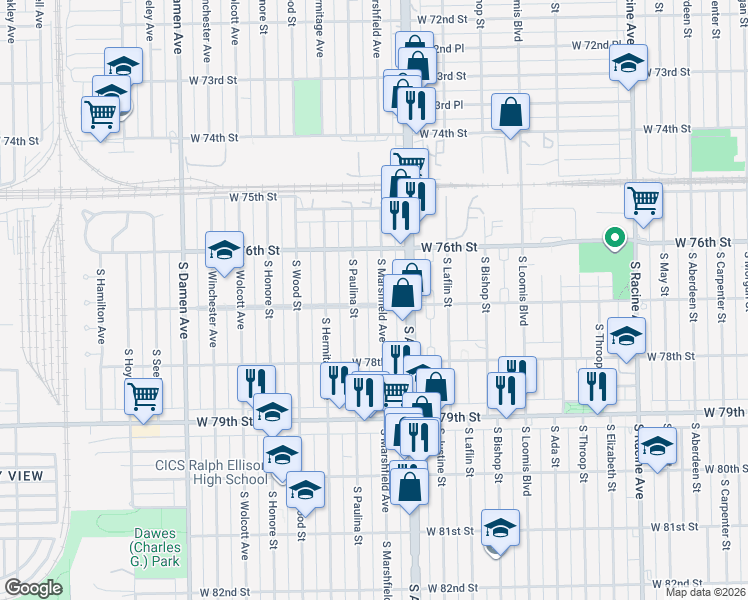 map of restaurants, bars, coffee shops, grocery stores, and more near 7654 South Marshfield Avenue in Chicago