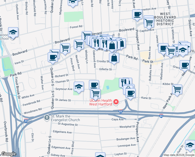 map of restaurants, bars, coffee shops, grocery stores, and more near 108 Oakwood Avenue in West Hartford