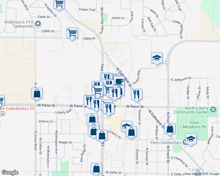 map of restaurants, bars, coffee shops, grocery stores, and more near 723 Pacha Parkway in North Liberty