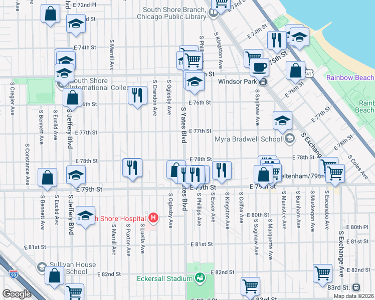 map of restaurants, bars, coffee shops, grocery stores, and more near 7742 South Phillips Avenue in Chicago