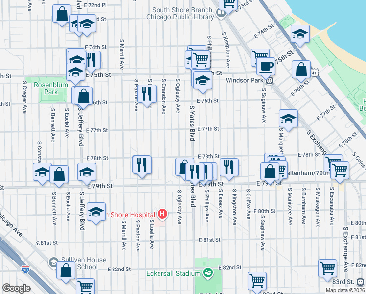 map of restaurants, bars, coffee shops, grocery stores, and more near 7745 South Oglesby Avenue in Chicago