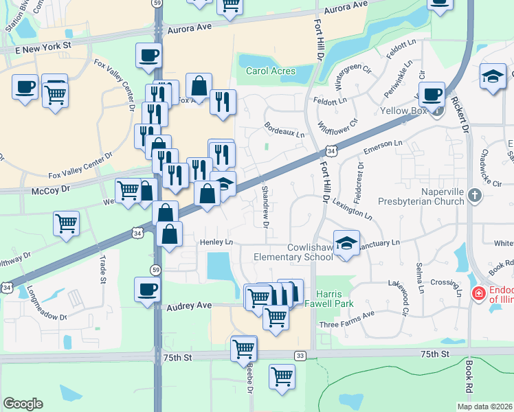 map of restaurants, bars, coffee shops, grocery stores, and more near 2711 Rosedale Avenue in Naperville
