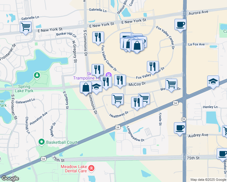 map of restaurants, bars, coffee shops, grocery stores, and more near 125 Healthway Drive in Aurora