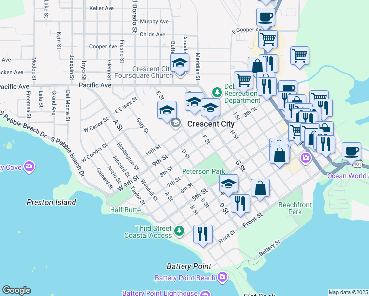 map of restaurants, bars, coffee shops, grocery stores, and more near 485 9th Street in Crescent City