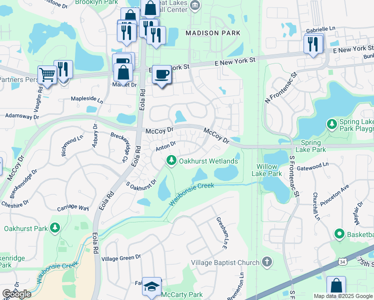 map of restaurants, bars, coffee shops, grocery stores, and more near 1 South Oakhurst Drive in Aurora
