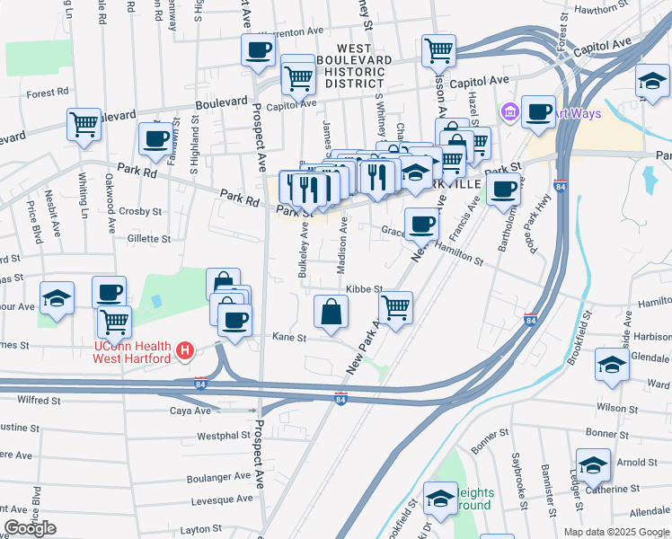 map of restaurants, bars, coffee shops, grocery stores, and more near 95 Madison Avenue in Hartford