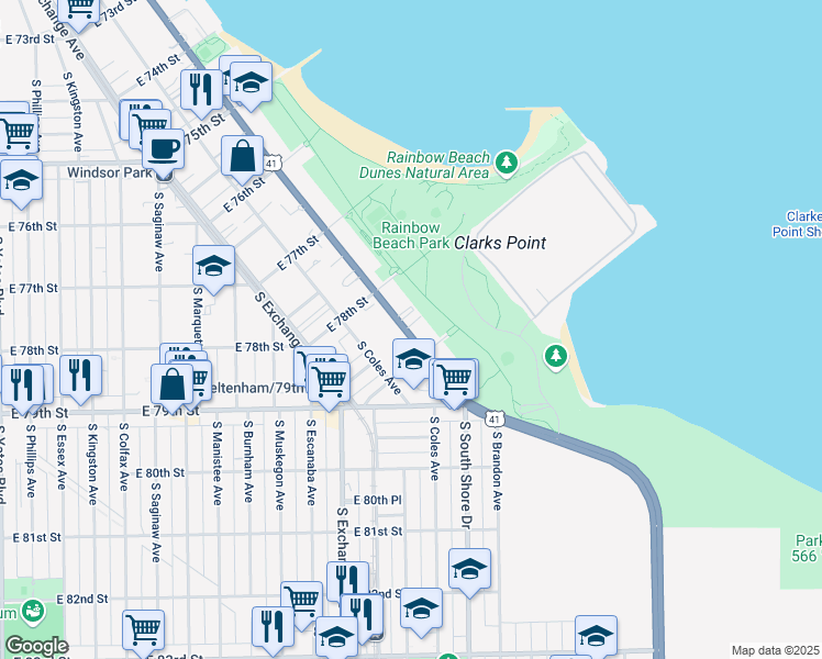 map of restaurants, bars, coffee shops, grocery stores, and more near 7827 S South Shore Drive in Chicago