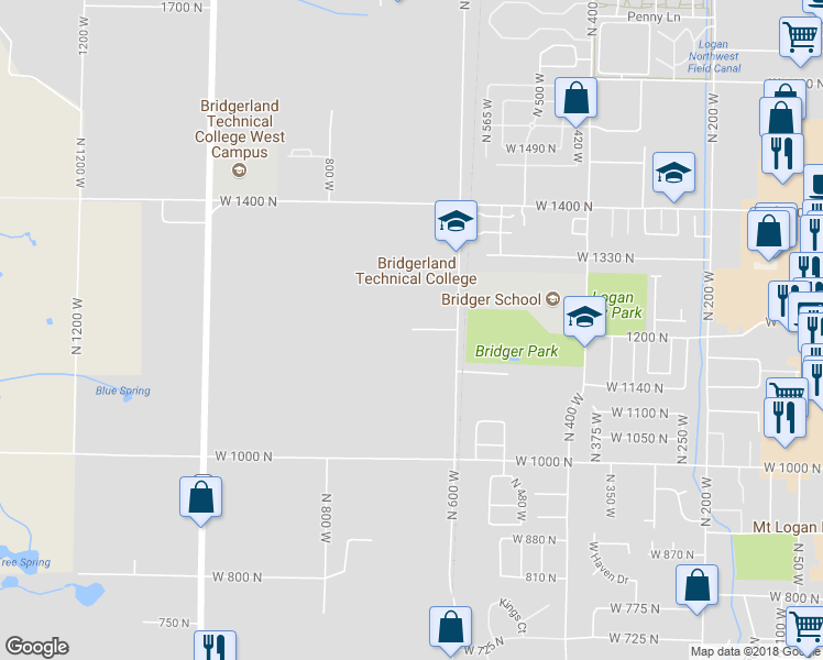 map of restaurants, bars, coffee shops, grocery stores, and more near 1200 North in Logan