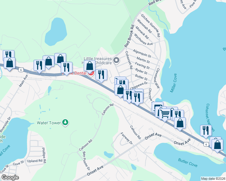 map of restaurants, bars, coffee shops, grocery stores, and more near 3131 U.S. 6 in Wareham
