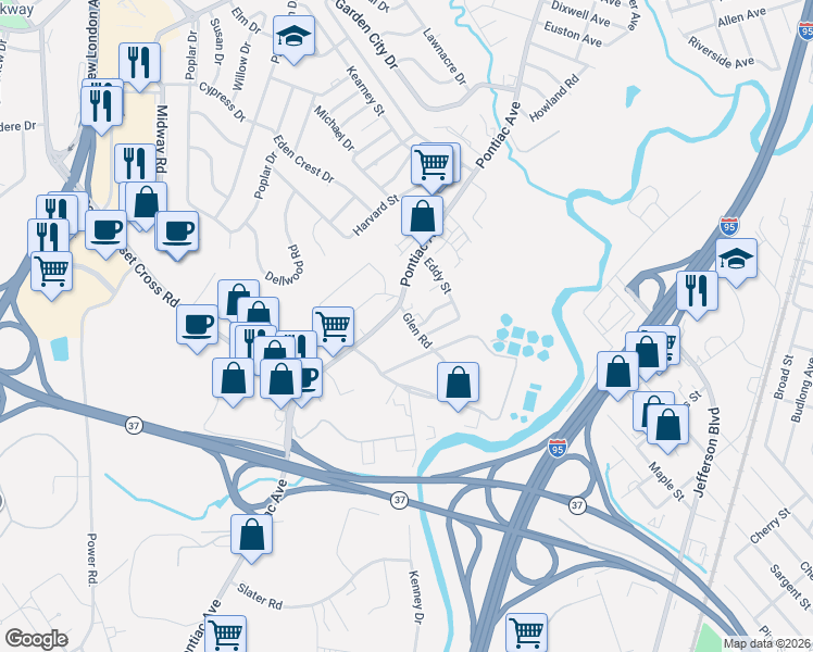 map of restaurants, bars, coffee shops, grocery stores, and more near 34 Celestia Avenue in Cranston