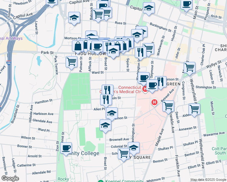 map of restaurants, bars, coffee shops, grocery stores, and more near 59 Madison Street in Hartford