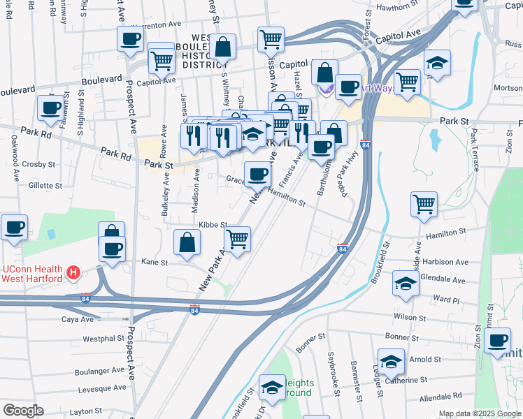 map of restaurants, bars, coffee shops, grocery stores, and more near 114 Francis Avenue in Hartford