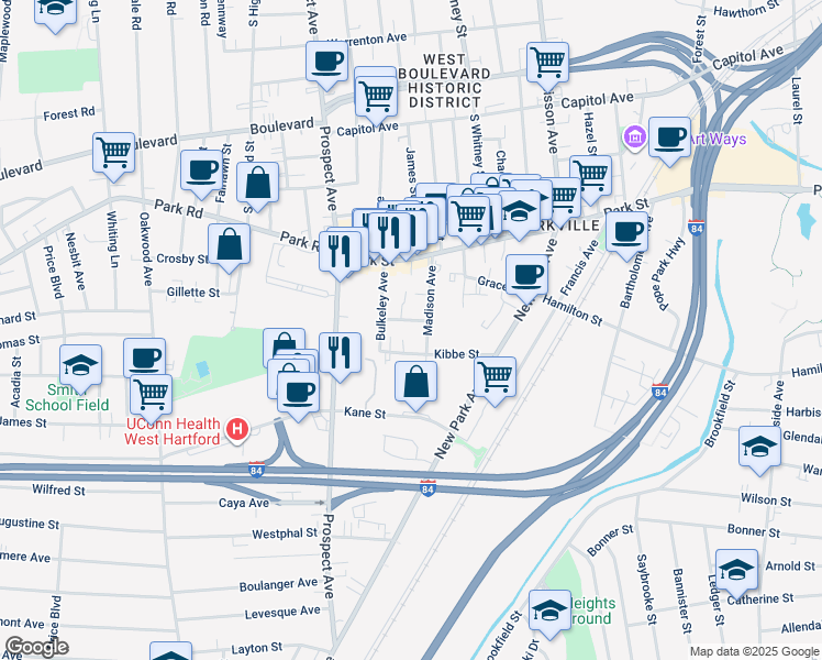 map of restaurants, bars, coffee shops, grocery stores, and more near 82 Kibbe Street in Hartford