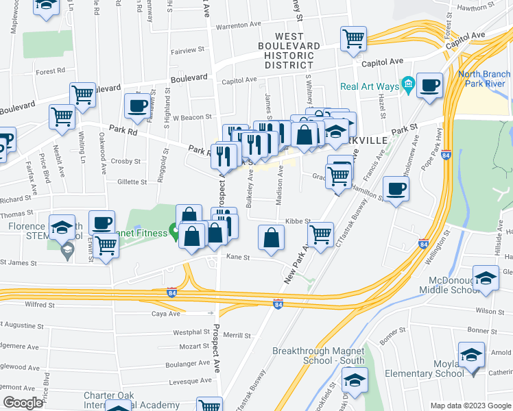 map of restaurants, bars, coffee shops, grocery stores, and more near 82 Kibbe Street in Hartford