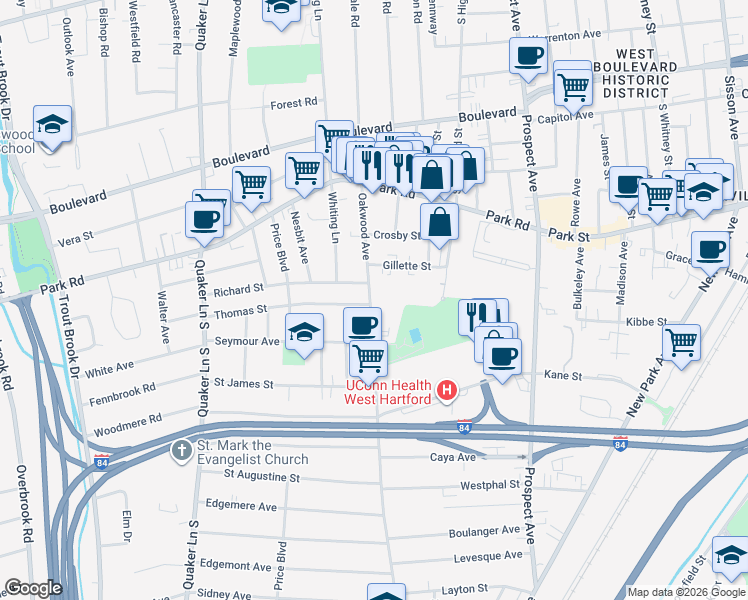 map of restaurants, bars, coffee shops, grocery stores, and more near 100 Oakwood Avenue in West Hartford