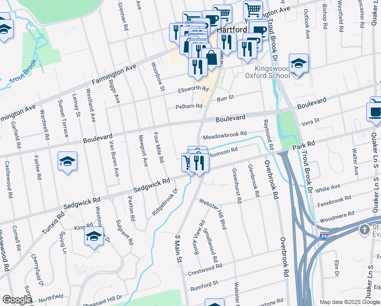map of restaurants, bars, coffee shops, grocery stores, and more near 186 Woodrow Street in West Hartford