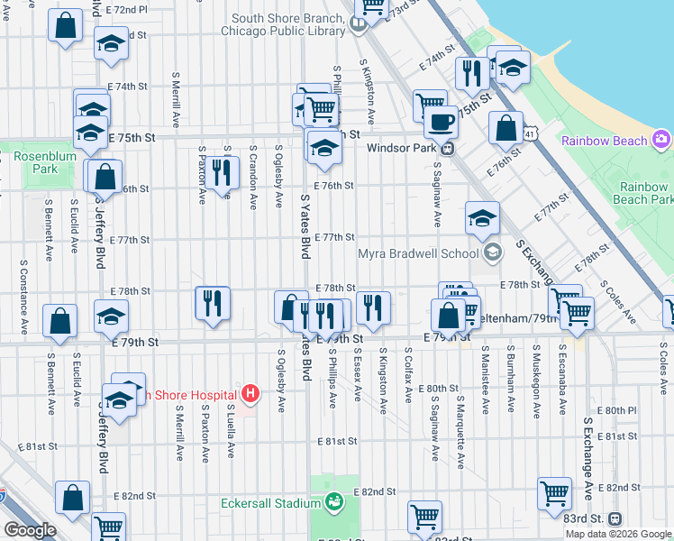 map of restaurants, bars, coffee shops, grocery stores, and more near 7742 South Phillips Avenue in Chicago