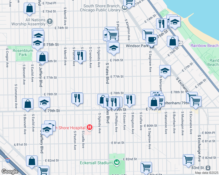 map of restaurants, bars, coffee shops, grocery stores, and more near 7742 South Phillips Avenue in Chicago
