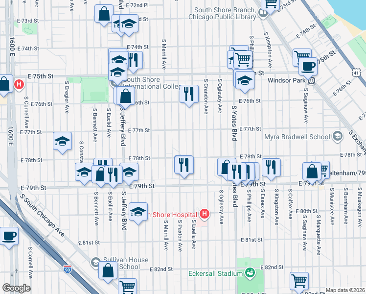 map of restaurants, bars, coffee shops, grocery stores, and more near 7744 South Paxton Avenue in Chicago