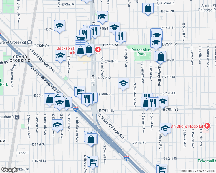 map of restaurants, bars, coffee shops, grocery stores, and more near 7738 South East End Avenue in Chicago