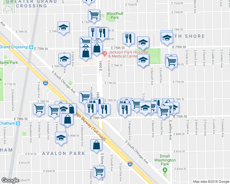 map of restaurants, bars, coffee shops, grocery stores, and more near 7738 South East End Avenue in Chicago