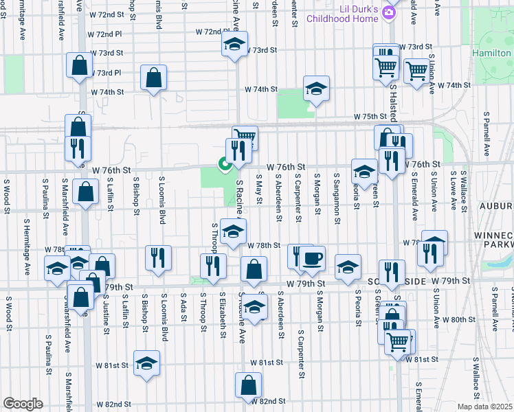 map of restaurants, bars, coffee shops, grocery stores, and more near 7701 South May Street in Chicago