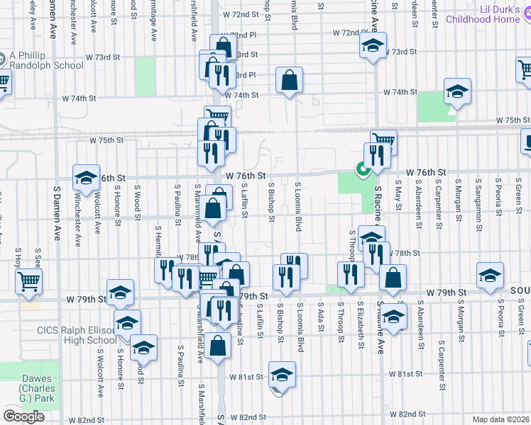 map of restaurants, bars, coffee shops, grocery stores, and more near 7701 South Bishop Street in Chicago
