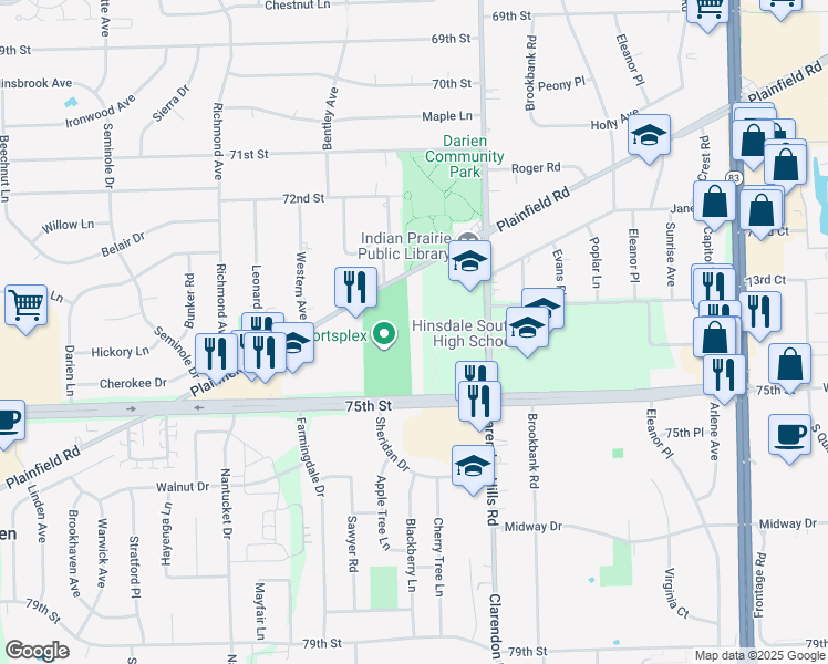 map of restaurants, bars, coffee shops, grocery stores, and more near 7307 Tennessee Drive in Willowbrook