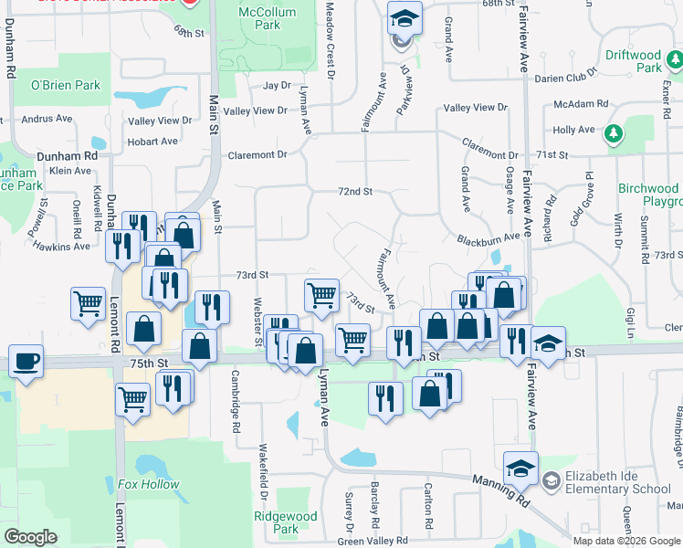 map of restaurants, bars, coffee shops, grocery stores, and more near 7343 Country Creek Way in Downers Grove
