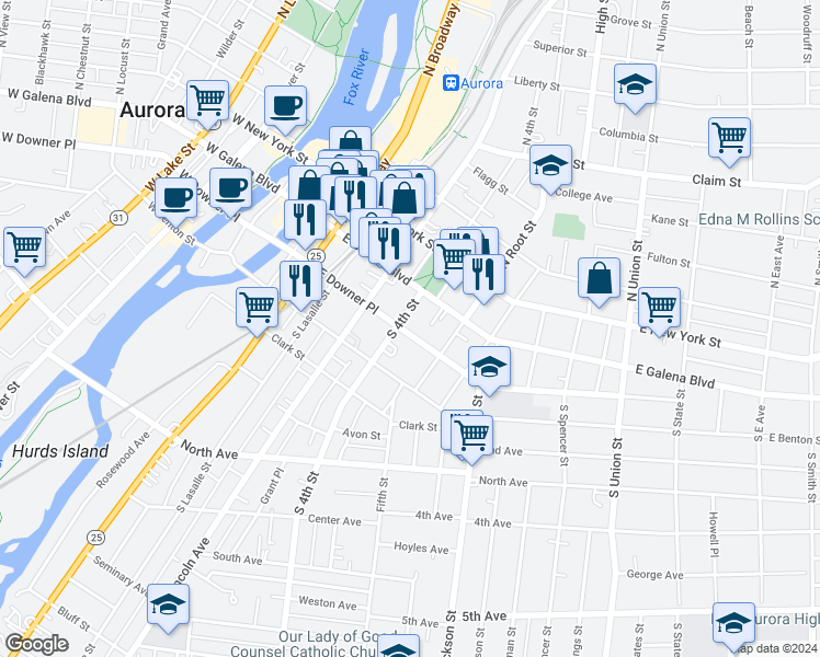 map of restaurants, bars, coffee shops, grocery stores, and more near 422 East Downer Place in Aurora