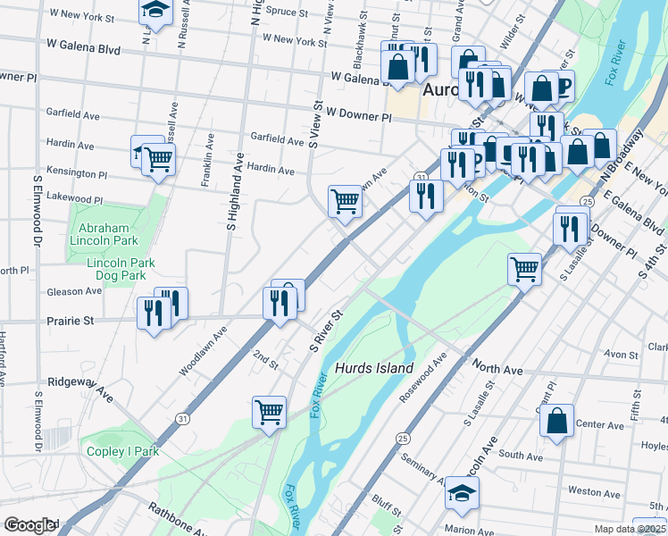 map of restaurants, bars, coffee shops, grocery stores, and more near 339 Middle Avenue in Aurora