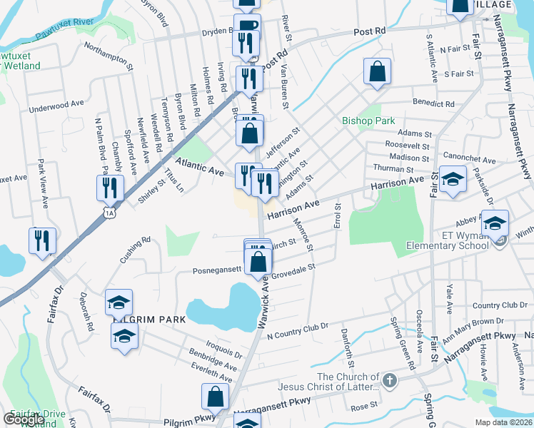 map of restaurants, bars, coffee shops, grocery stores, and more near 283 Harrison Avenue in Warwick