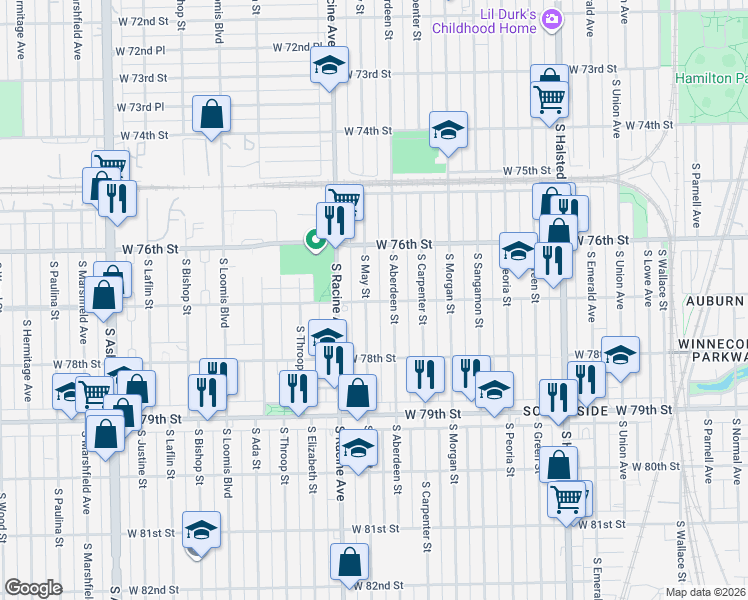 map of restaurants, bars, coffee shops, grocery stores, and more near 7701 South May Street in Chicago