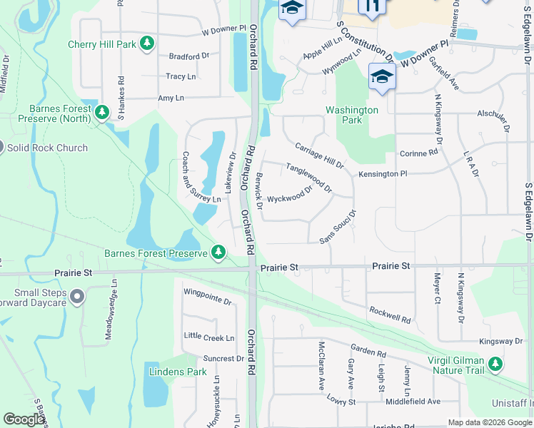 map of restaurants, bars, coffee shops, grocery stores, and more near 384 Berwick Drive in Aurora