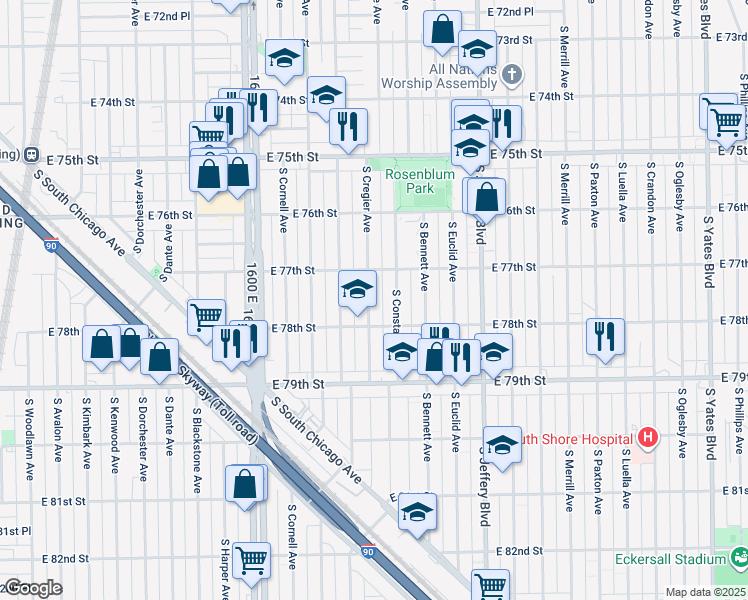 map of restaurants, bars, coffee shops, grocery stores, and more near 7733 South Cregier Avenue in Chicago